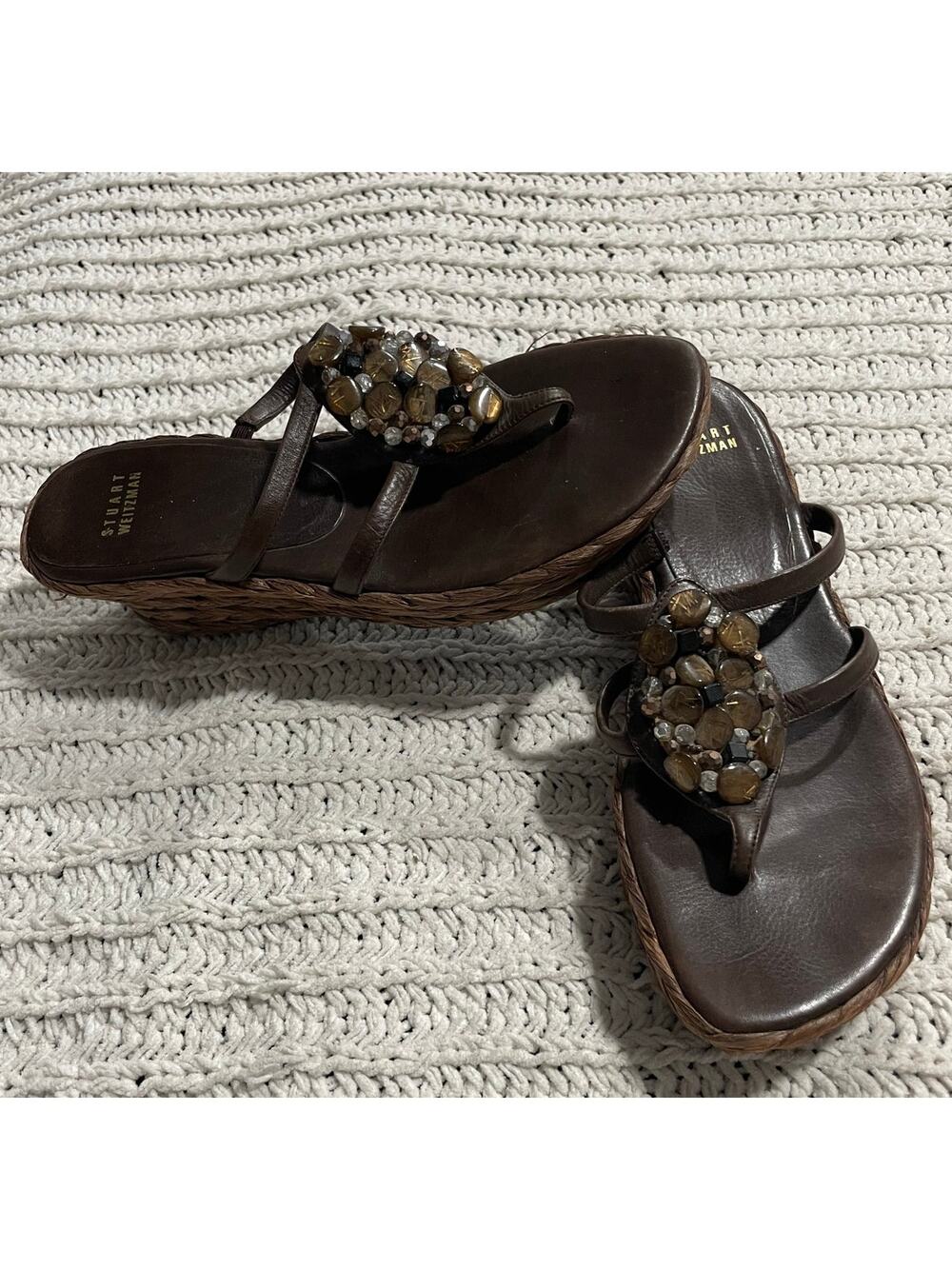 Stuart Weitzman Sandals Beaded Platform Woven Womens 7 M Brown Spain 45946 *Flaw